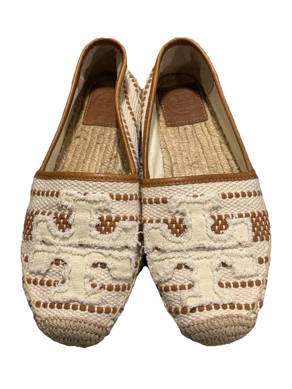 Tory Burch Shaw Espadrille Size 5 M Ivory Brown Canvas Leather 33248